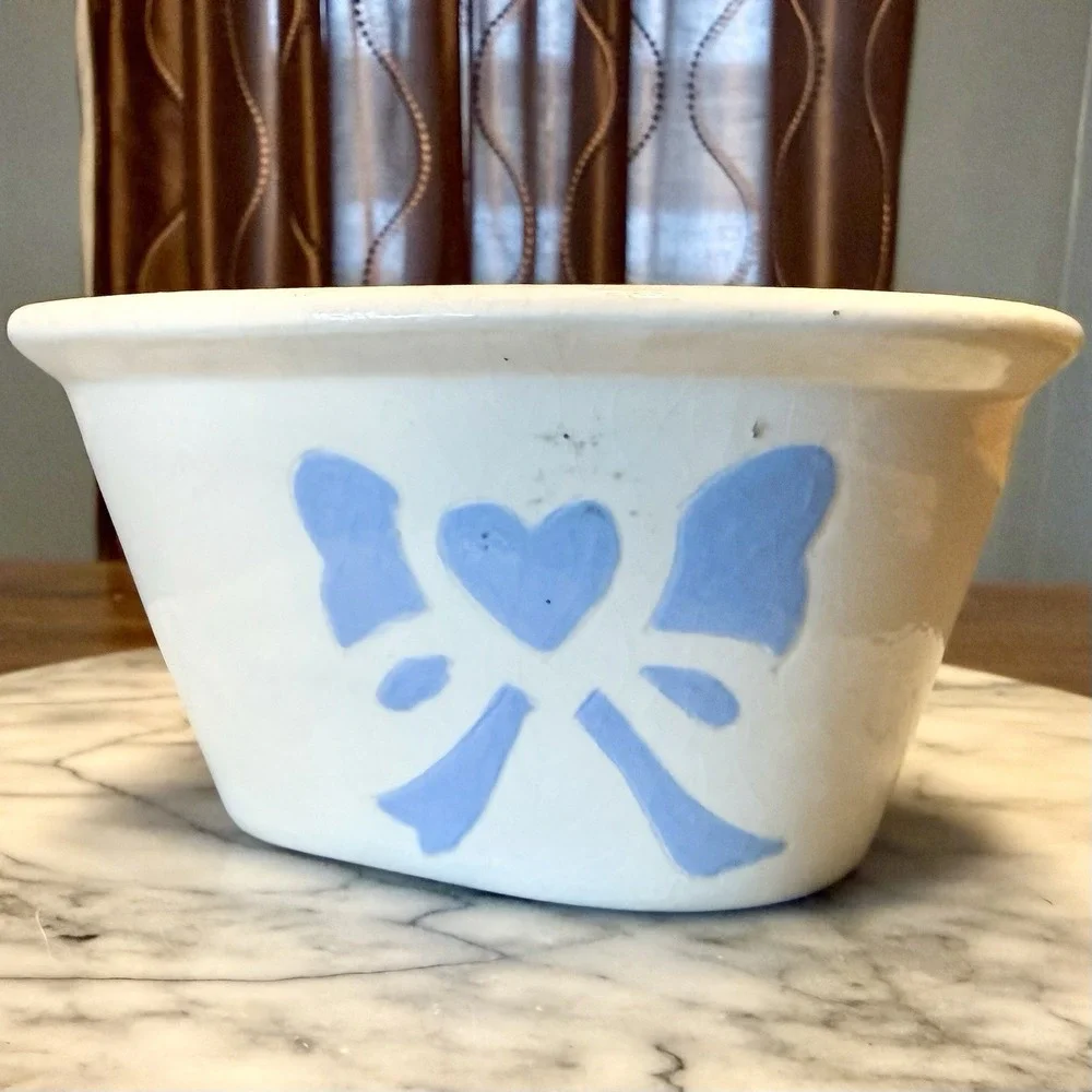 VTG 80s White Heartshaped Dish Bowl Blue Bow & Heart‎ Country Cottage Core 6X3